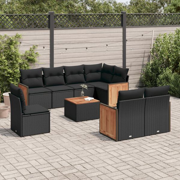vidaXL Set Divani da Giardino 9 pz con Cuscini Nero in Polyrattan