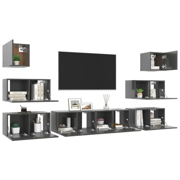 vidaXL Set Mobili TV 8 pz Grigio Lucido in Legno Multistrato