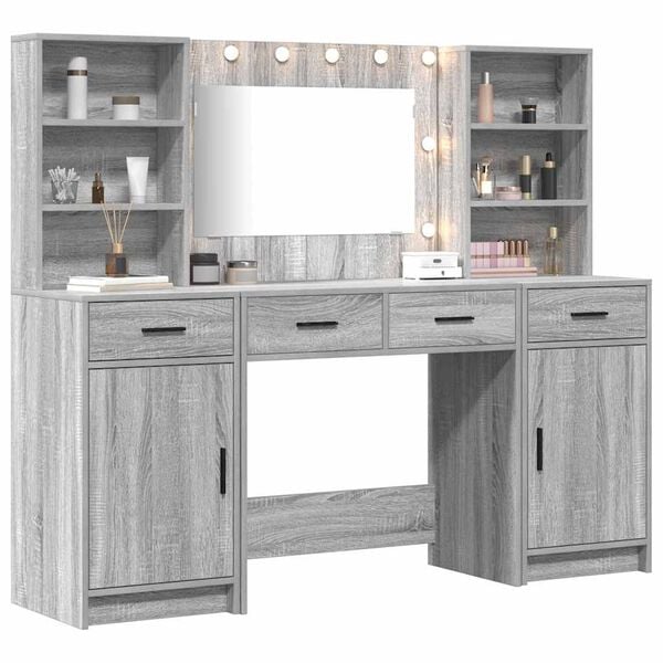 vidaXL Set da tavolo da trucco con LED con porta 3 pcs Grigio Sonoma