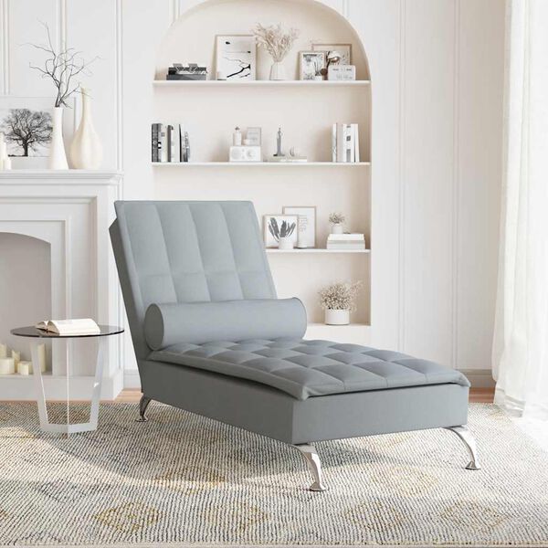 vidaXL Chaise Longue Massaggi Cuscino a Rullo Grigio Chiaro in Tessuto