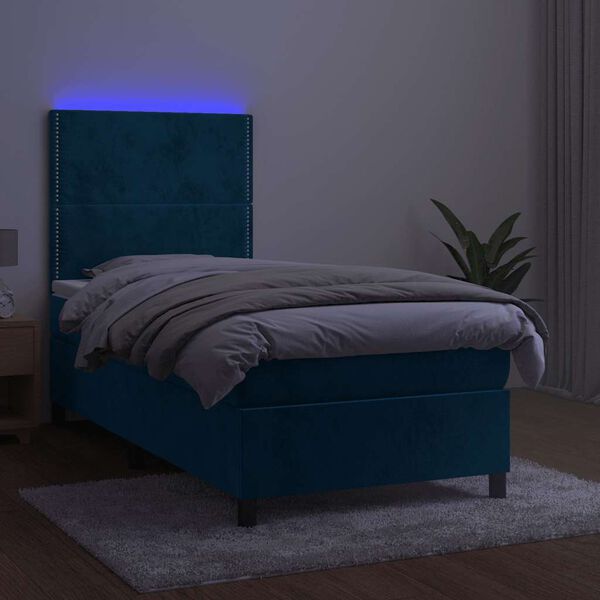 vidaXL Letto a Molle con Materasso e LED Blu Scuro 90x190cm in Velluto