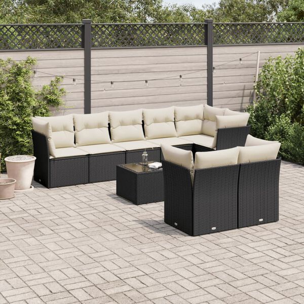 vidaXL Set Divani da Giardino 9 pz con Cuscini Nero in Polyrattan
