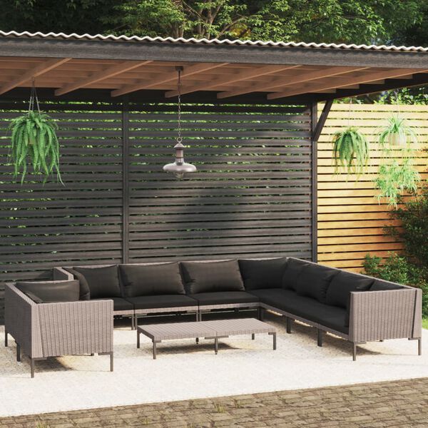 vidaXL Divani da Giardino 10 pz con Cuscini in Polyrattan Grigio Scuro