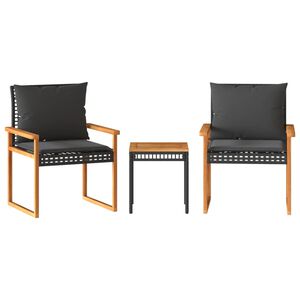 vidaXL Set da Bistr&ograve; 3 pz con Cuscini Nero Polyrattan e Legno Acacia