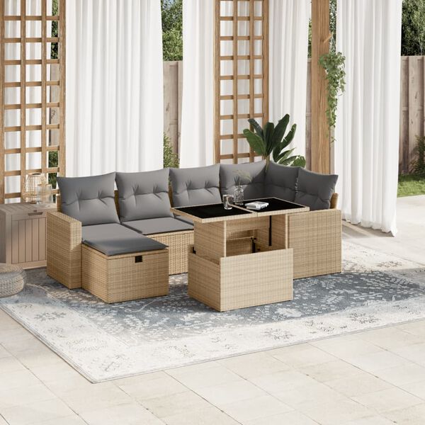vidaXL Set Divani da Giardino 7 pz con Cuscini Beige in Polyrattan