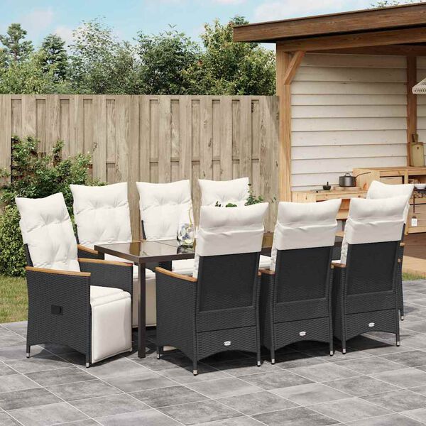 vidaXL Set da Pranzo per Giardino con cuscino 9 pcs Nero polyrattan