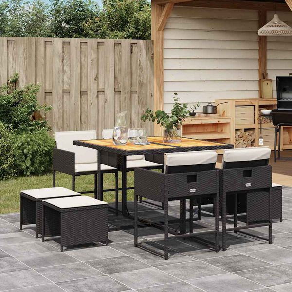 vidaXL Set da Pranzo da Giardino 9 pz con Cuscini Nero in Polyrattan