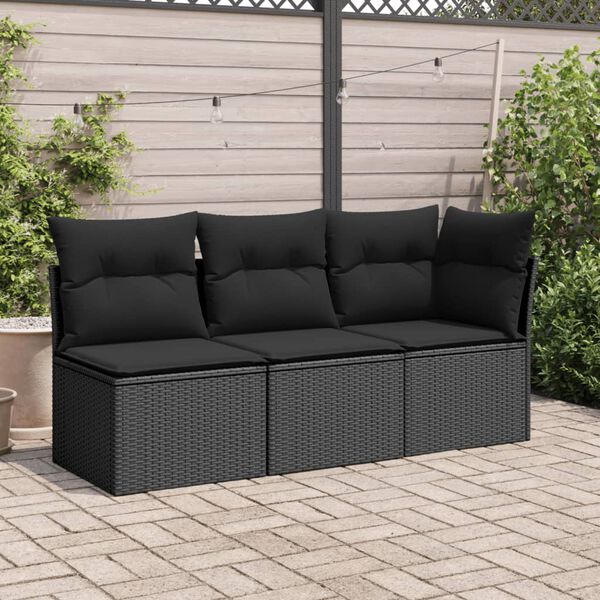 vidaXL Divano da giardino con cuscini 3 posti nero in polyrattan