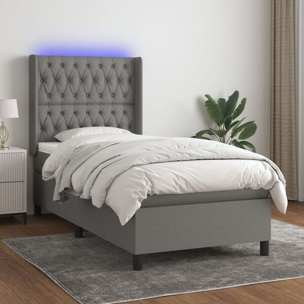 vidaXL Letto a Molle Materasso e LED Grigio Scuro 90x200 cm in Tessuto