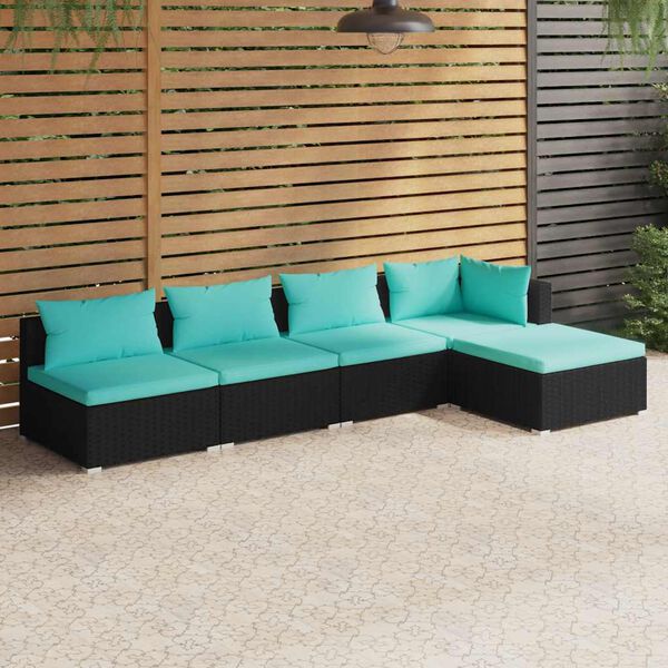 vidaXL Set Divani da Giardino 5 pz con Cuscini in Polyrattan Nero