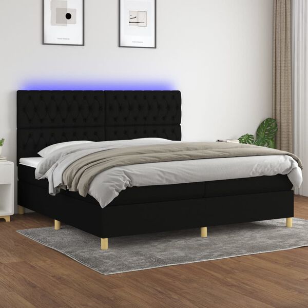 vidaXL Letto a Molle Materasso e LED Nero 200x200cm in Tessuto