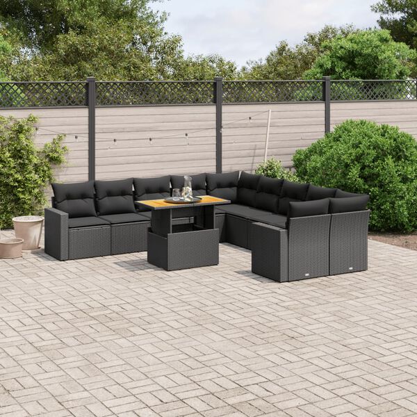 vidaXL Set Divani da Giardino 11 pz con Cuscini in Polyrattan Nero