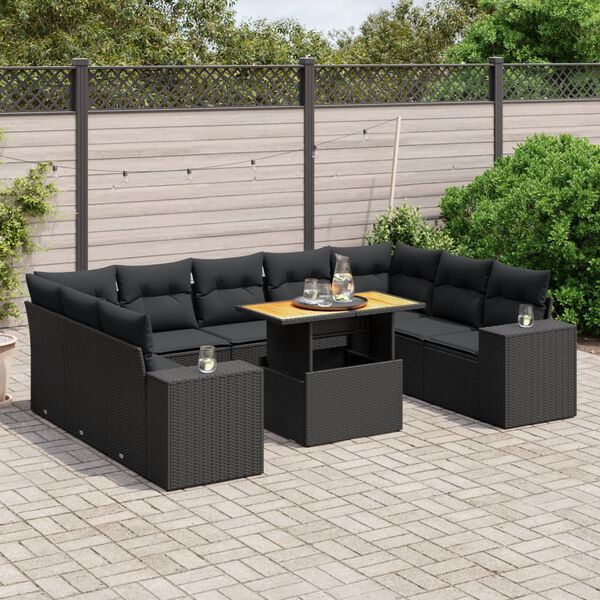 vidaXL Set Divani da Giardino 10pz con Cuscini in Polyrattan Nero