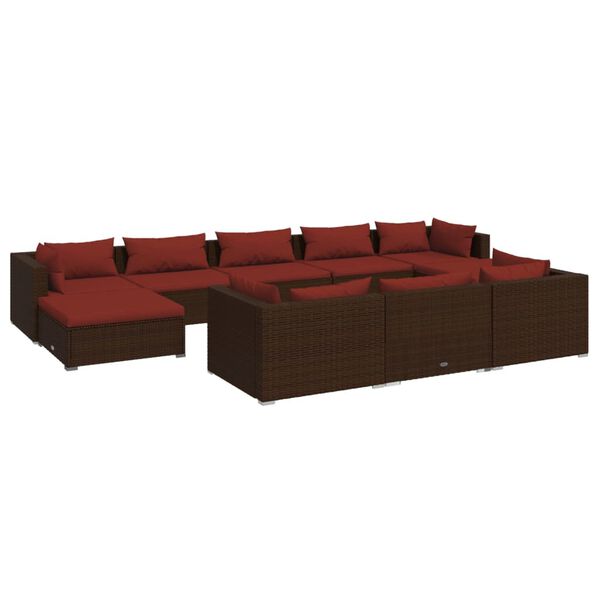 vidaXL Set Divani da Giardino 10 pz con Cuscini in Polyrattan Marrone