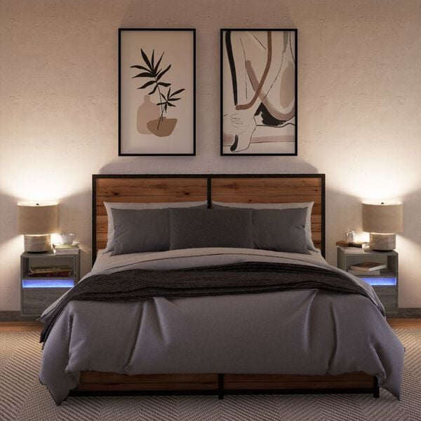 vidaXL Comodini a Parete con luci LED 2 pz Grigio Sonoma