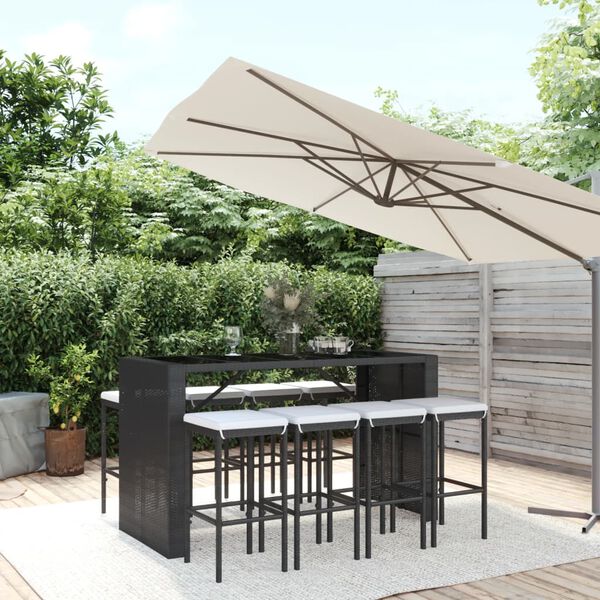 vidaXL Set Bar da Giardino 9 pz con Cuscini in Polyrattan Nero