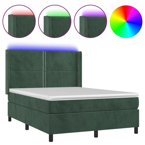 vidaXL Letto a Molle con Materasso e LED Verde Scuro 140x200cm Velluto