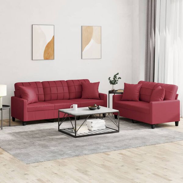 vidaXL Set di Divani 2 pz con Cuscini Rosso Vino in Similpelle