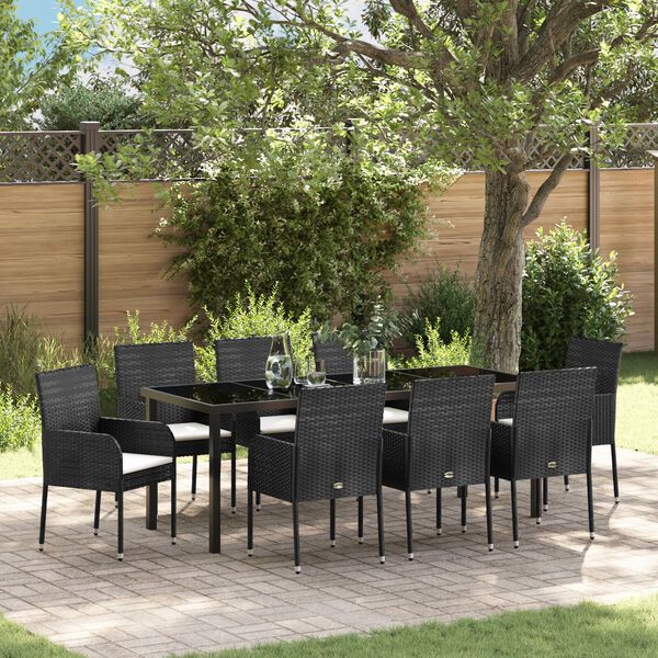 vidaXL Set da Pranzo per Giardino con cuscino 9 pcs Nero polyrattan