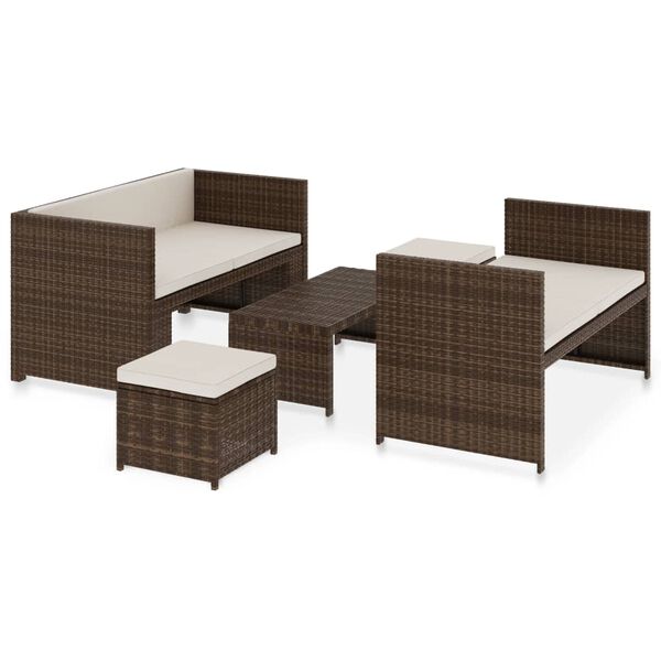 vidaXL Set Divani da Giardino 5 pz con Cuscini in Polyrattan Marrone