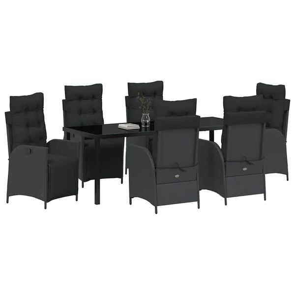 vidaXL Set da Pranzo per Giardino con cuscino 7 pcs Nero polyrattan