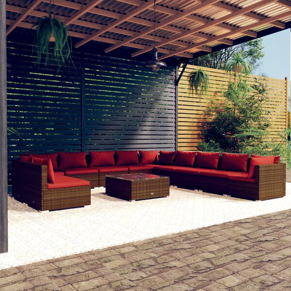 vidaXL Set Divani da Giardino 12 pz con Cuscini Marrone in Polyrattan