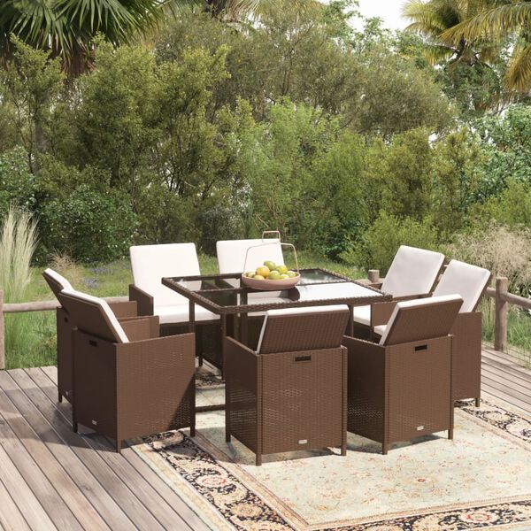 vidaXL Set Divani da Giardino 9 pz con Cuscini in Polyrattan Marrone