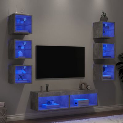 vidaXL Mobili TV a Muro con LED 8pz Grigio Cemento Legno Multistrato