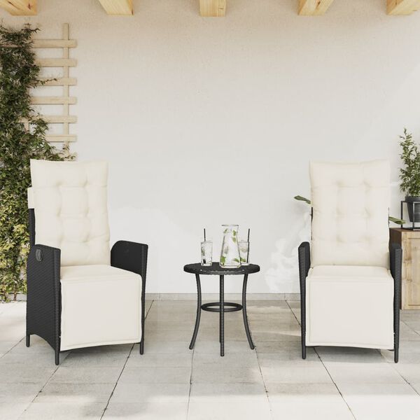 vidaXL Set da Bistr&ograve; 3 pz con Cuscini Nero in Polyrattan