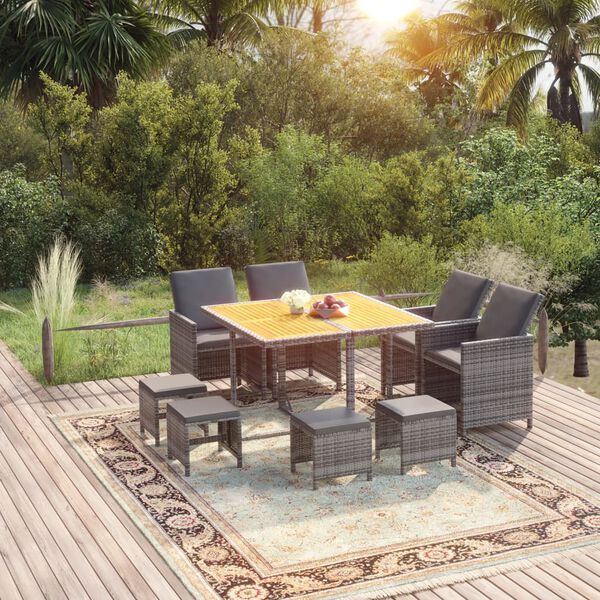 vidaXL Set Pranzo da Giardino 9 pz con Cuscini in Polyrattan Grigio