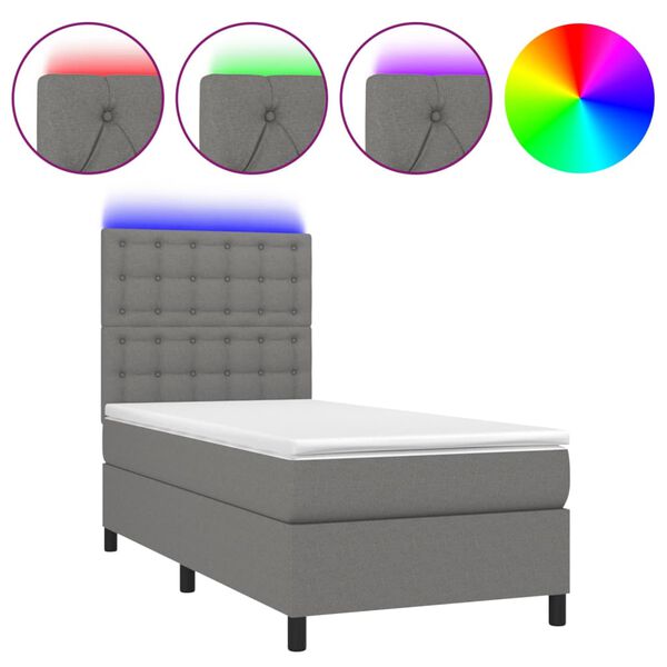 vidaXL Letto a Molle Materasso e LED Grigio Scuro 100x200cm in Tessuto
