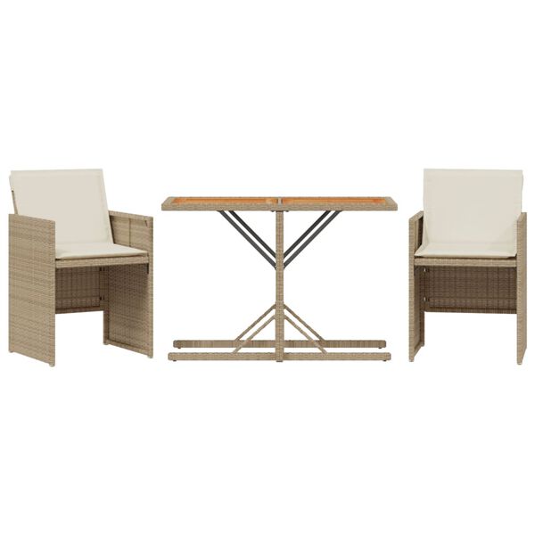 vidaXL Set da Bistrò 3 pz con Cuscini Beige in Polyrattan