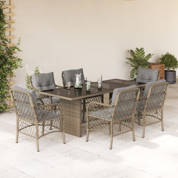vidaXL Set Pranzo da Giardino 7 pz con Cuscini Beige Misto Polyrattan