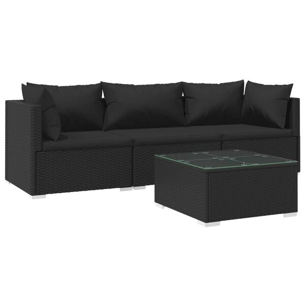 vidaXL Set Divani da Giardino 4 pz con Cuscini in Polyrattan Nero