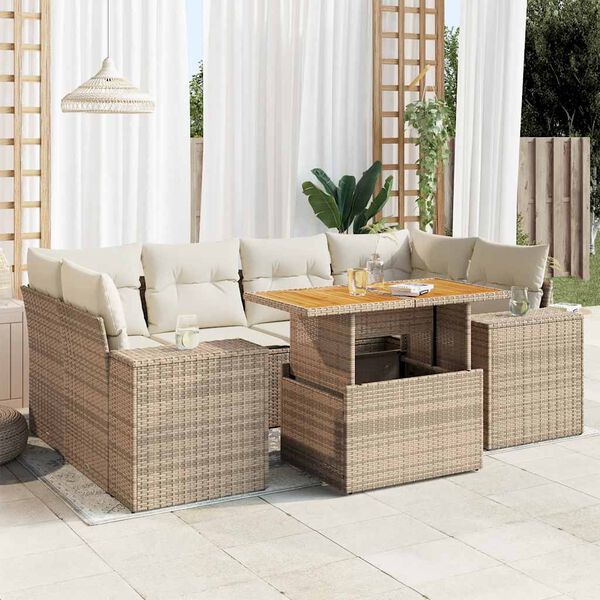 vidaXL Set Divani da Giardino 7 pz con Cuscini Beige in Polyrattan