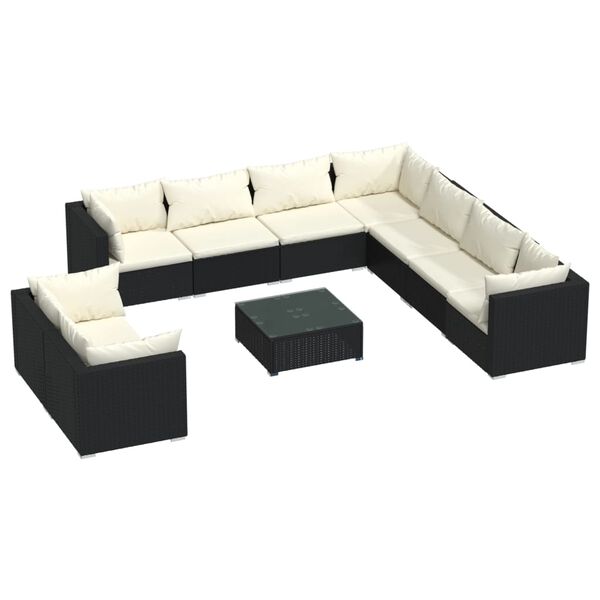 vidaXL Set Salotto da Giardino 10pz con Cuscini in Polyrattan Nero