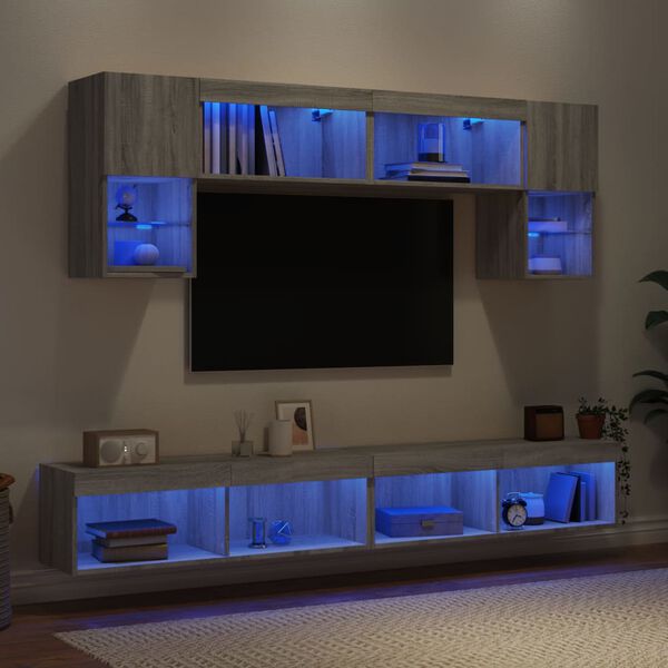 vidaXL Mobili TV a Muro con LED 6pz Grigio Sonoma Legno Multistrato