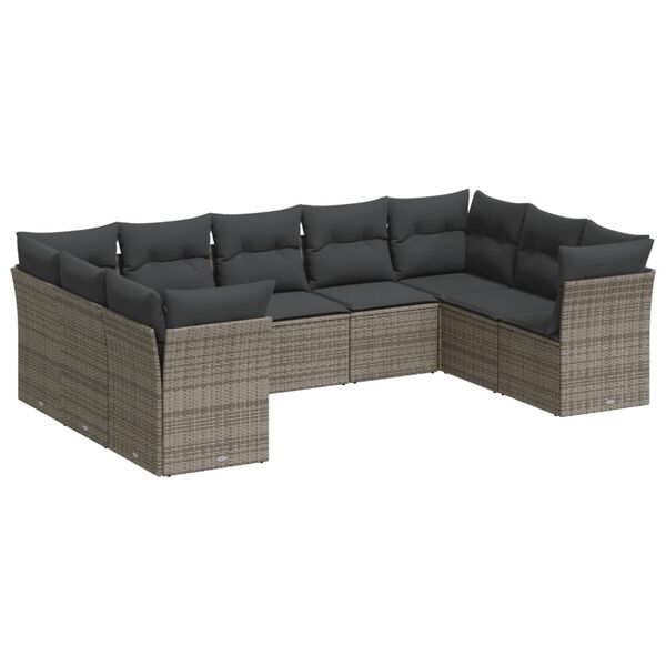 vidaXL Set Divano da Giardino 9 pz con Cuscini Grigio in Polyrattan