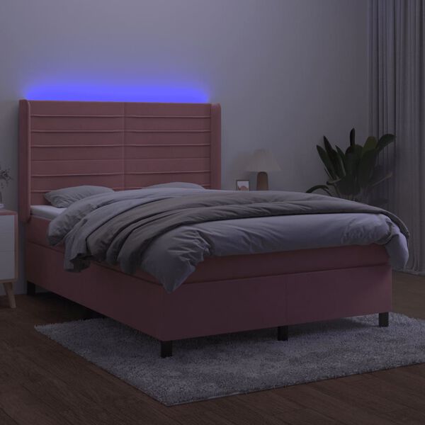 vidaXL Letto a Molle con Materasso e LED Rosa 140x190 cm in Velluto
