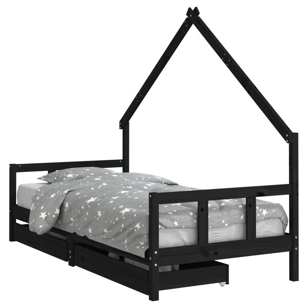 vidaXL Giroletto per Bambini con Cassetti Nero 90x190 cm Massello Pino