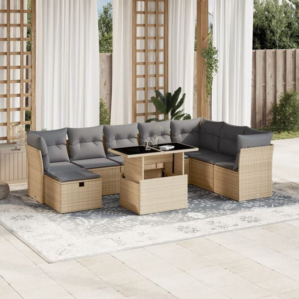vidaXL Set Divano da Giardino 9 pz con Cuscini Beige in Polyrattan
