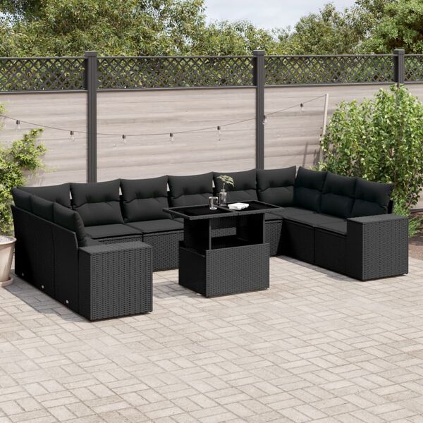 vidaXL Set Divani da Giardino 11 pz con Cuscini in Polyrattan Nero