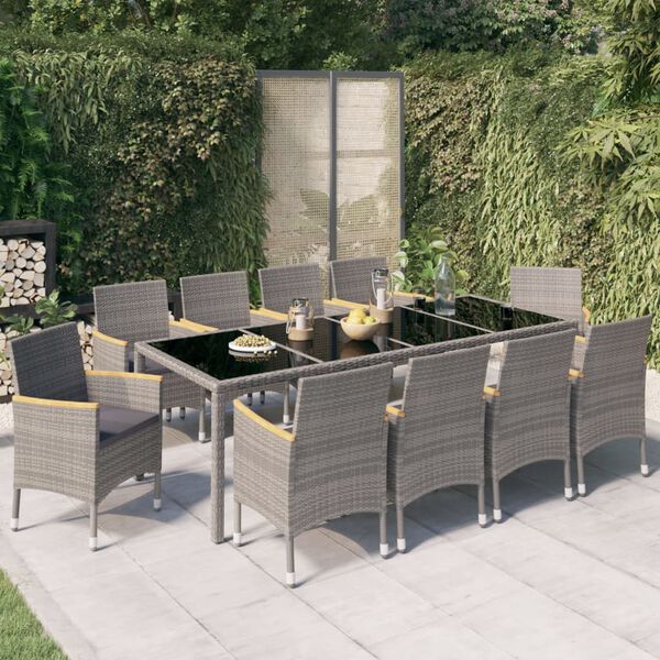 vidaXL Set da Pranzo Esterni 11pz con Cuscini Polyrattan Nero e Grigio
