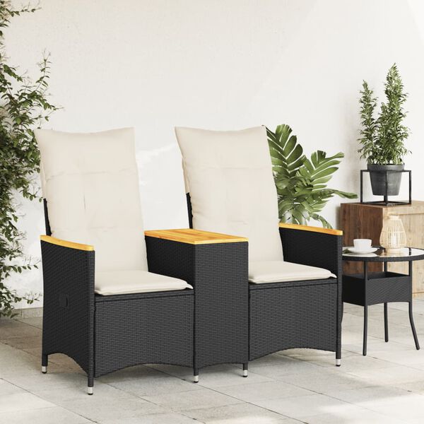 vidaXL Divano Giardino Reclinabile 2Posti con Tavolino Nero Polyrattan