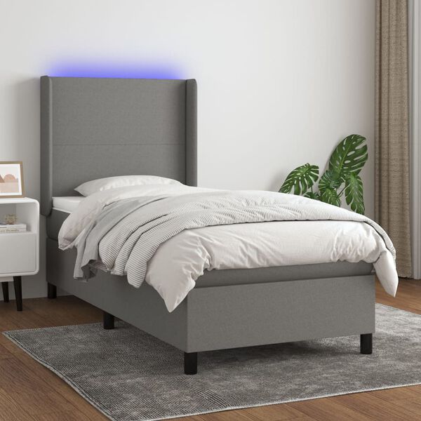 vidaXL Letto a Molle Materasso e LED Grigio Scuro 90x190 cm in Tessuto