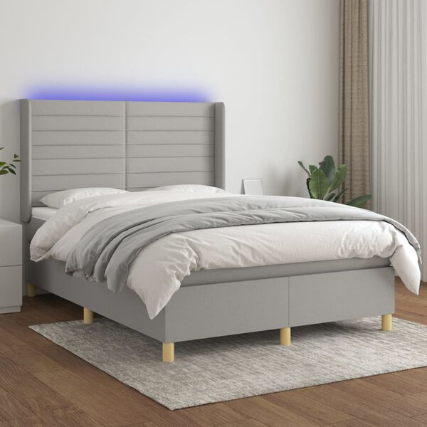 vidaXL Letto a Molle Materasso e LED Grigio Chiaro 140x200 cm Tessuto