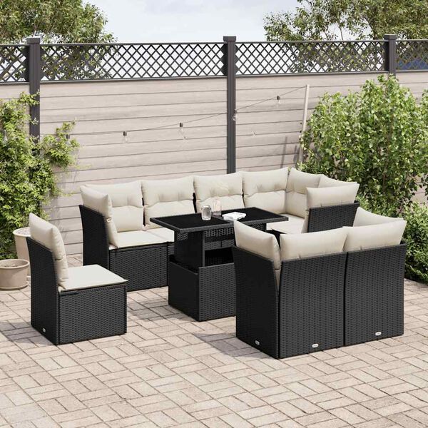 vidaXL Set Divani da Giardino 9 pz con Cuscini Nero in Polyrattan