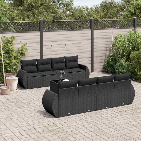 vidaXL Set Divani da Giardino 9 pz con Cuscini Nero in Polyrattan