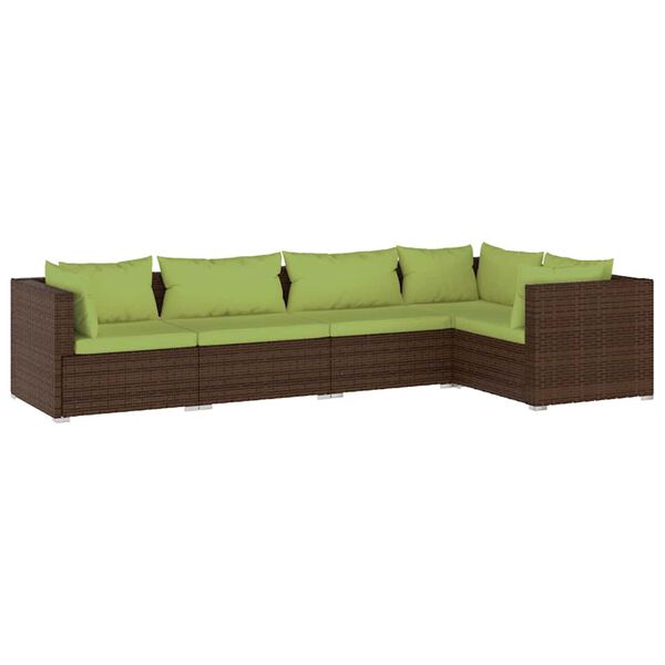 vidaXL Set Divani da Giardino 5 pz con Cuscini in Polyrattan Marrone