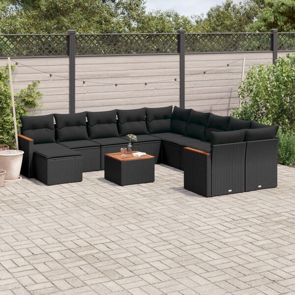 vidaXL Set Divani da Giardino 12 pz con Cuscini Nero in Polyrattan